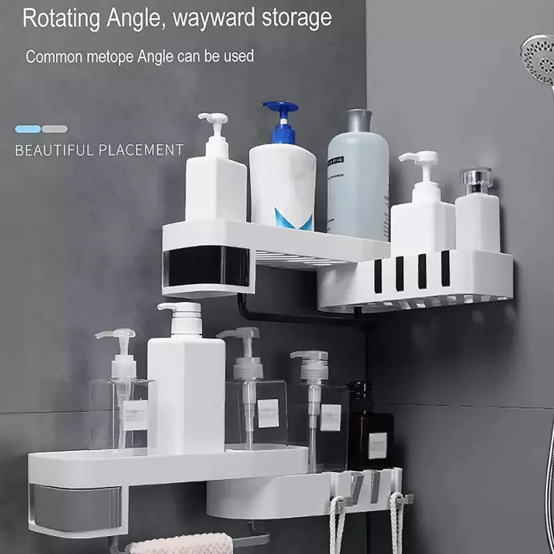 Bathroom Corner Shower Caddy Shelf Towel Holder, 180° Rotatable No-punching Wall Mounted Storage Rack Shampoo Facial Cleaner Soap Holder Organizer with 4 Hooks - Oshi.pk - Buy & Sell Online