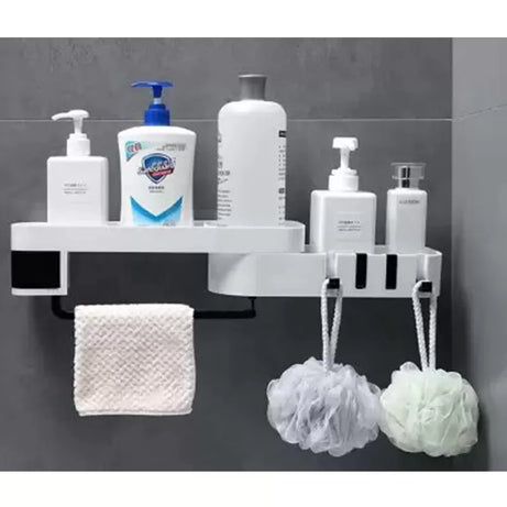Bathroom Corner Shower Caddy Shelf Towel Holder, 180° Rotatable No-punching Wall Mounted Storage Rack Shampoo Facial Cleaner Soap Holder Organizer with 4 Hooks - Oshi.pk - Buy & Sell Online