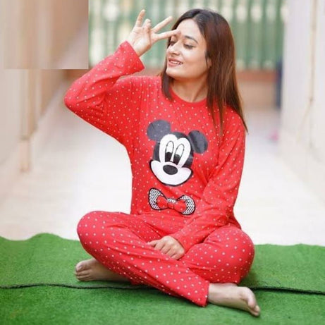 Red Micky  Printed Tshirt and Trouser Night Dress