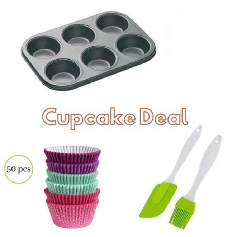 Best Cupcake Deal 6 Cupcake Muffin Tray + 50pcs Cupcake Muffin Liners + Spatula and Oil Brush Set