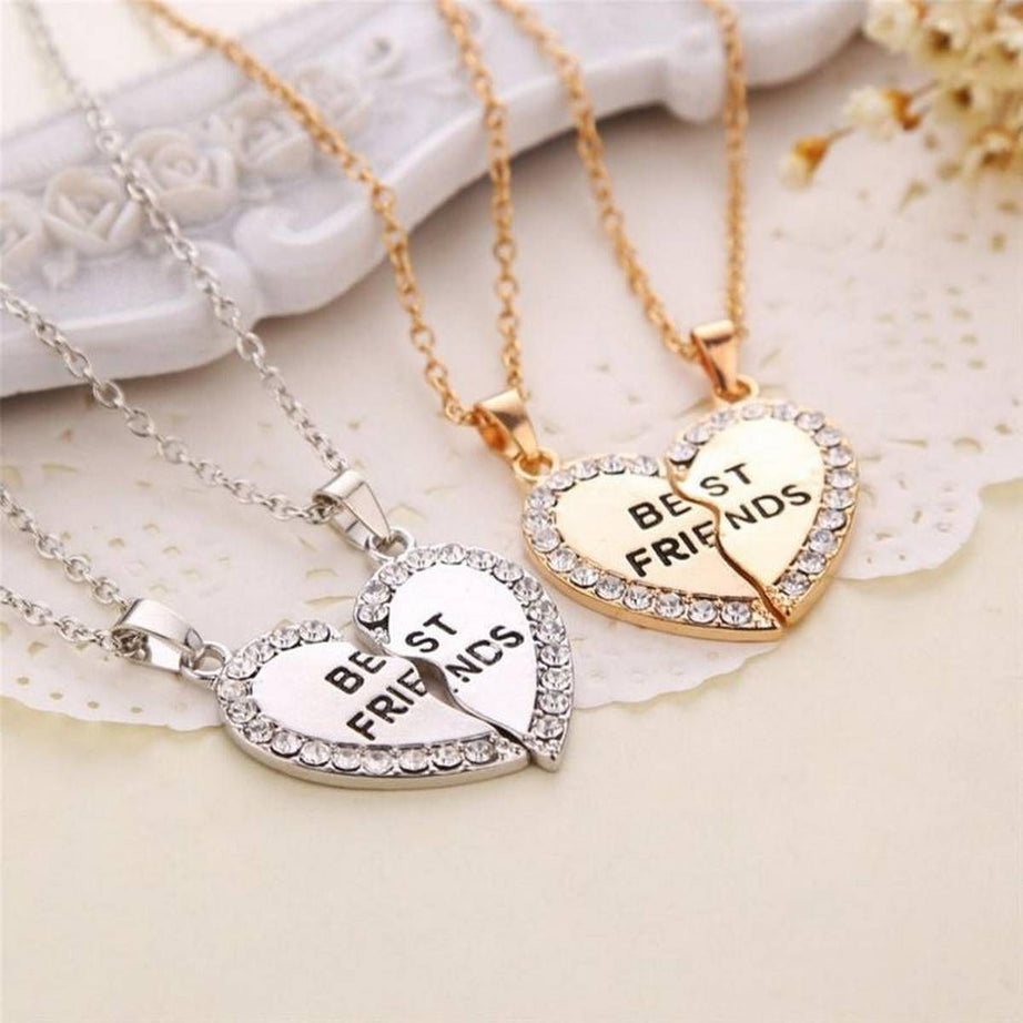 Unisex 2 Pcs BFF Necklace Women Crystal Heart Pendant Best Friend Letter Necklace Fashion Couple Necklace Men Friendship Jewelry - Oshi.pk - Buy & Sell Online