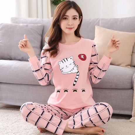 Pink with Sleeping Cat Printed Night Suit for Her