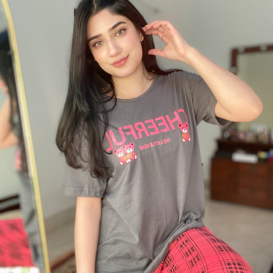 Grey Half Sleeves Cheerful T-shirt With Check Trouser Suit - Oshi.pk - Buy & Sell Online