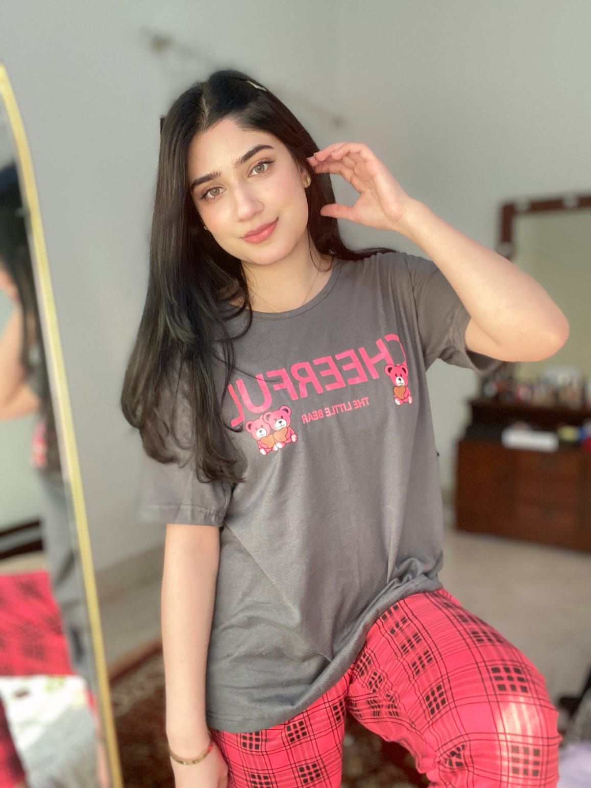 Grey Half Sleeves Cheerful T-shirt With Check Trouser Suit - Oshi.pk - Buy & Sell Online