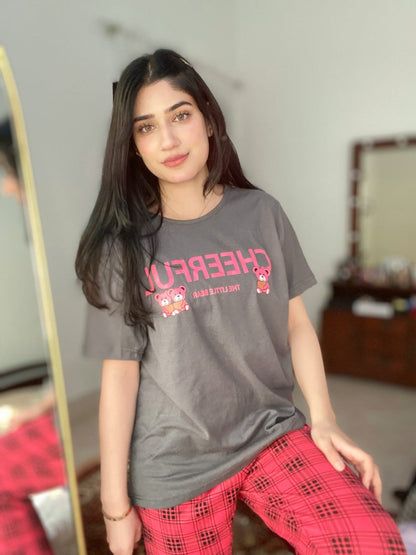 Grey Half Sleeves Cheerful T-shirt With Check Trouser Suit - Oshi.pk - Buy & Sell Online