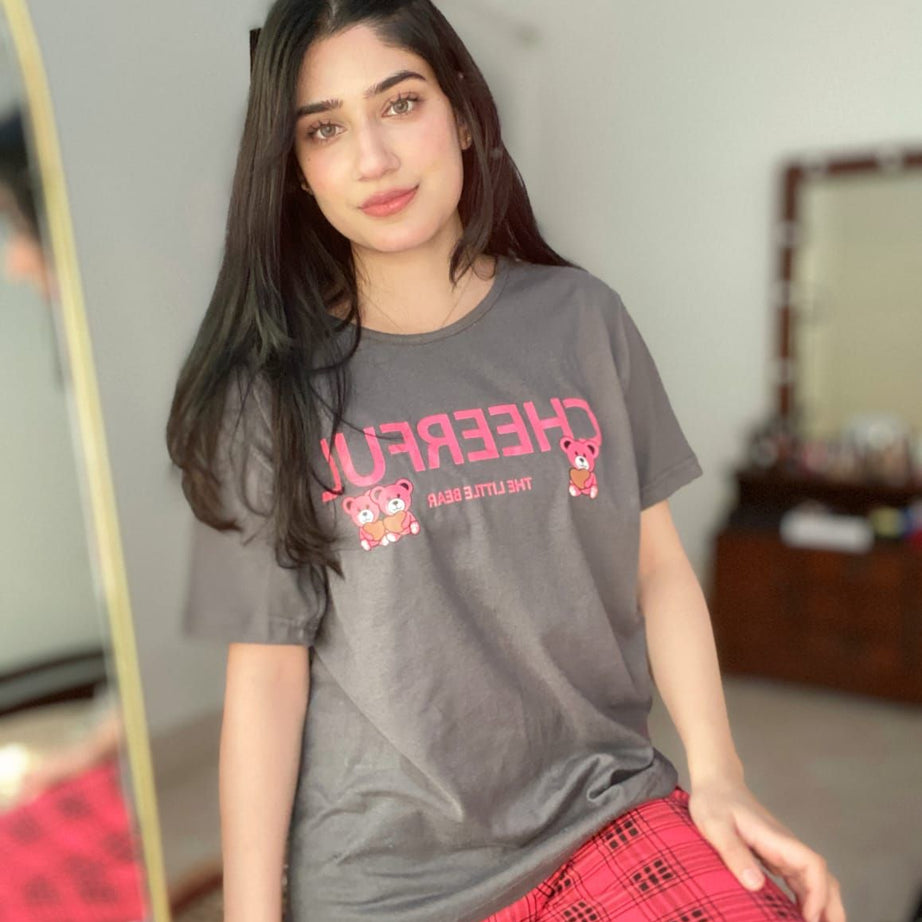 Grey Half Sleeves Cheerful T-shirt With Check Trouser Suit - Oshi.pk - Buy & Sell Online