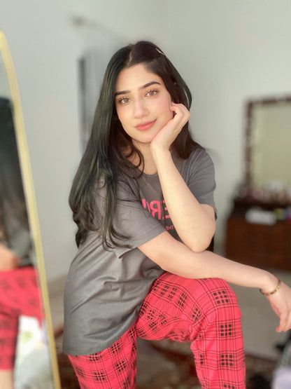 Grey Half Sleeves Cheerful T-shirt With Check Trouser Suit - Oshi.pk - Buy & Sell Online