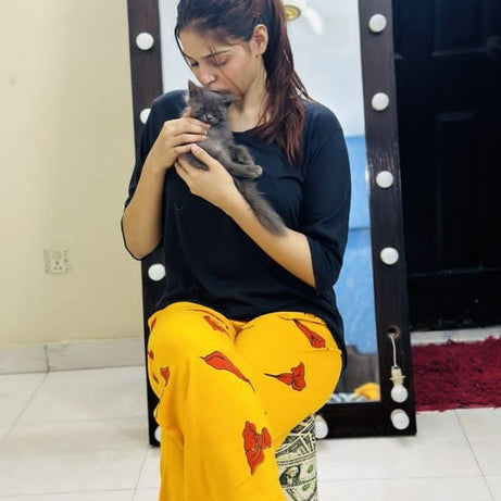 Black Plain V Neck Quater Sleeves Tshirt and Plazo Pajama Home Wear - Oshi.pk - Buy & Sell Online