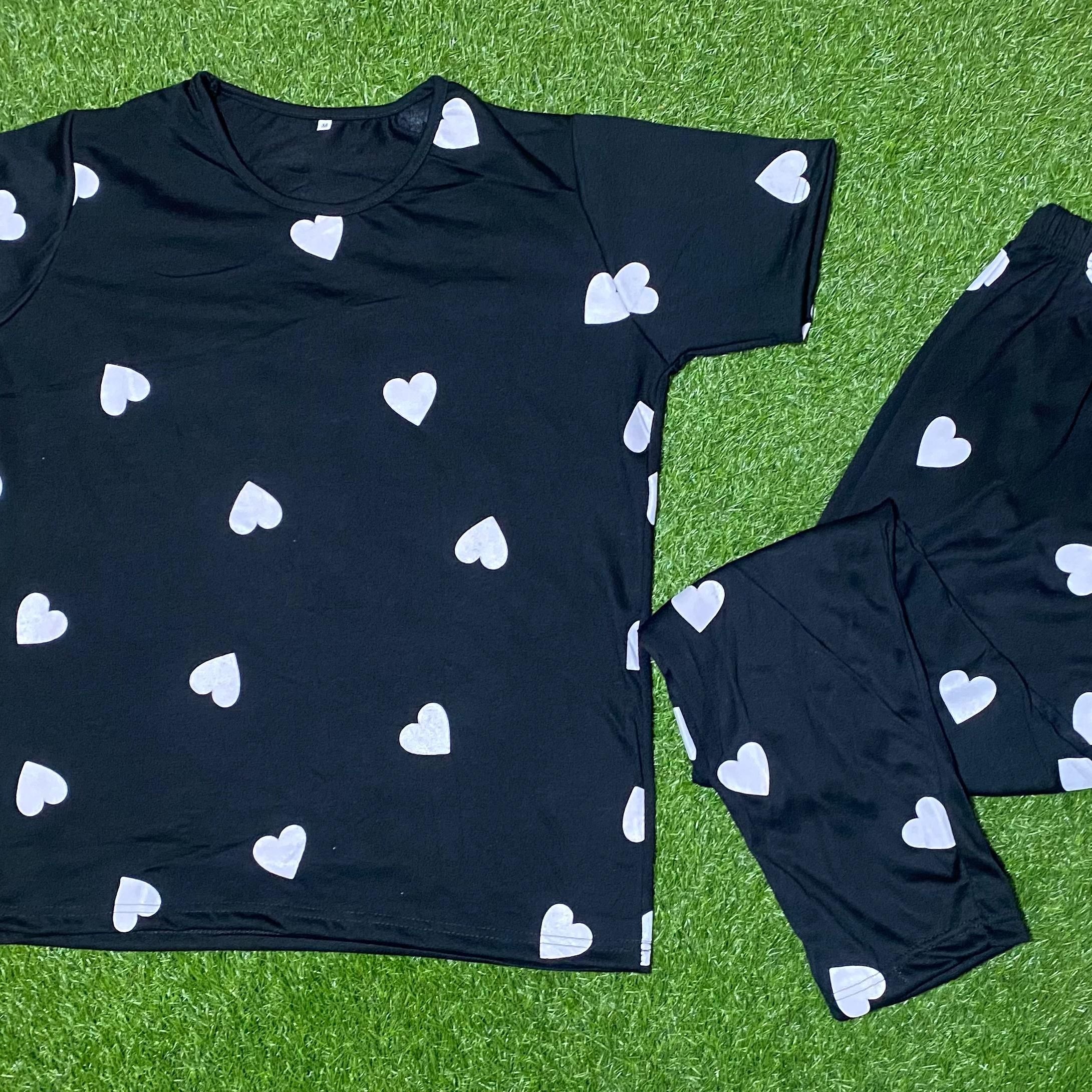 Black Hearts Printed Half Sleeves Tshirt and Pajama Home Wear - Oshi.pk - Buy & Sell Online