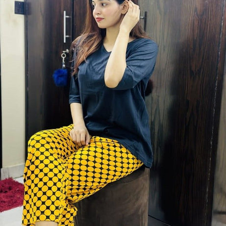 Black Plain V Neck Quater Sleeves Tshirt and Yellow Printed Plazo Pajama Home Wear - Oshi.pk - Buy & Sell Online