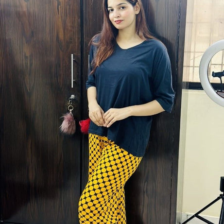 Black Plain V Neck Quater Sleeves Tshirt and Yellow Printed Plazo Pajama Home Wear - Oshi.pk - Buy & Sell Online