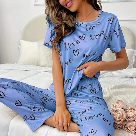 Sky Blue Love Printed Half Sleeves Tshirt and Pajama Home Wear - Oshi.pk - Buy & Sell Online