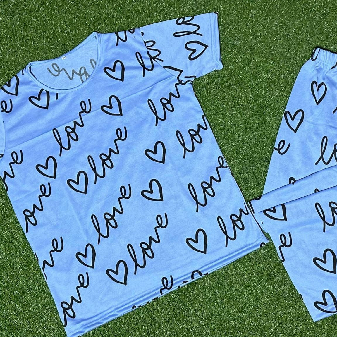 Sky Blue Love Printed Half Sleeves Tshirt and Pajama Home Wear - Oshi.pk - Buy & Sell Online