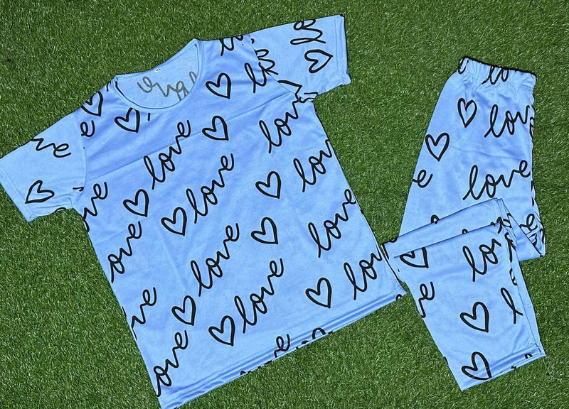 Sky Blue Love Printed Half Sleeves Tshirt and Pajama Home Wear - Oshi.pk - Buy & Sell Online