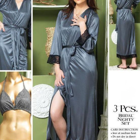 Bridal Silk 3Pcs Nighty Grey Color - Oshi.pk - Buy & Sell Online