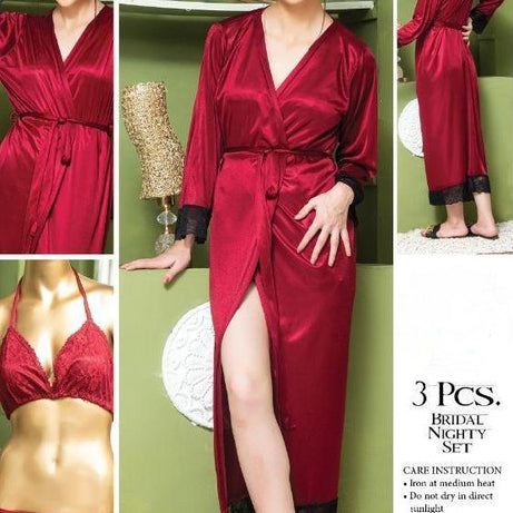 Bridal Silk 3Pcs Nighty Maroon Color - Oshi.pk - Buy & Sell Online