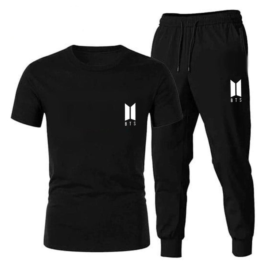 BTS Logo Design Half Sleeves Black T shirt and Black Trouser Summer Collection Export Quality Fabric