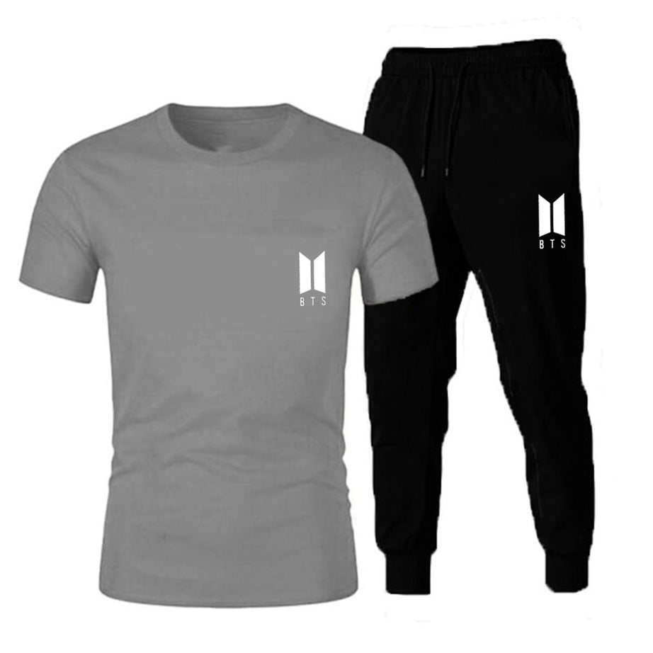 BTS Logo Design Half Sleeves Grey T shirt and Black Trouser Summer Collection Export Quality Fabric - Oshi.pk - Buy & Sell Online