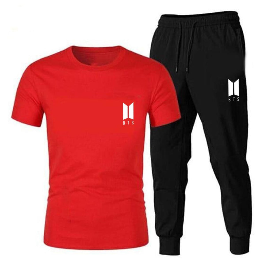 BTS Logo Design Half Sleeves Red T shirt and Black Trouser Summer Collection Export Quality Fabric - Oshi.pk - Buy & Sell Online