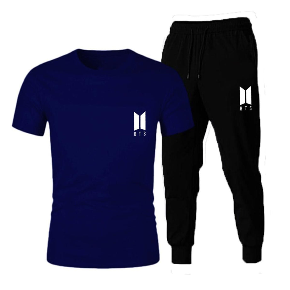 BTS Logo Design Half Sleeves Blue T shirt and Black Trouser Summer Collection Export Quality Fabric - Oshi.pk - Buy & Sell Online