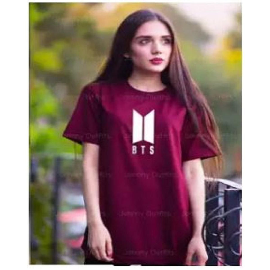 BTS New Design Printed Cotton Half Sleeves O Neck Maroon T Shirt For Women - Oshi.pk - Buy & Sell Online