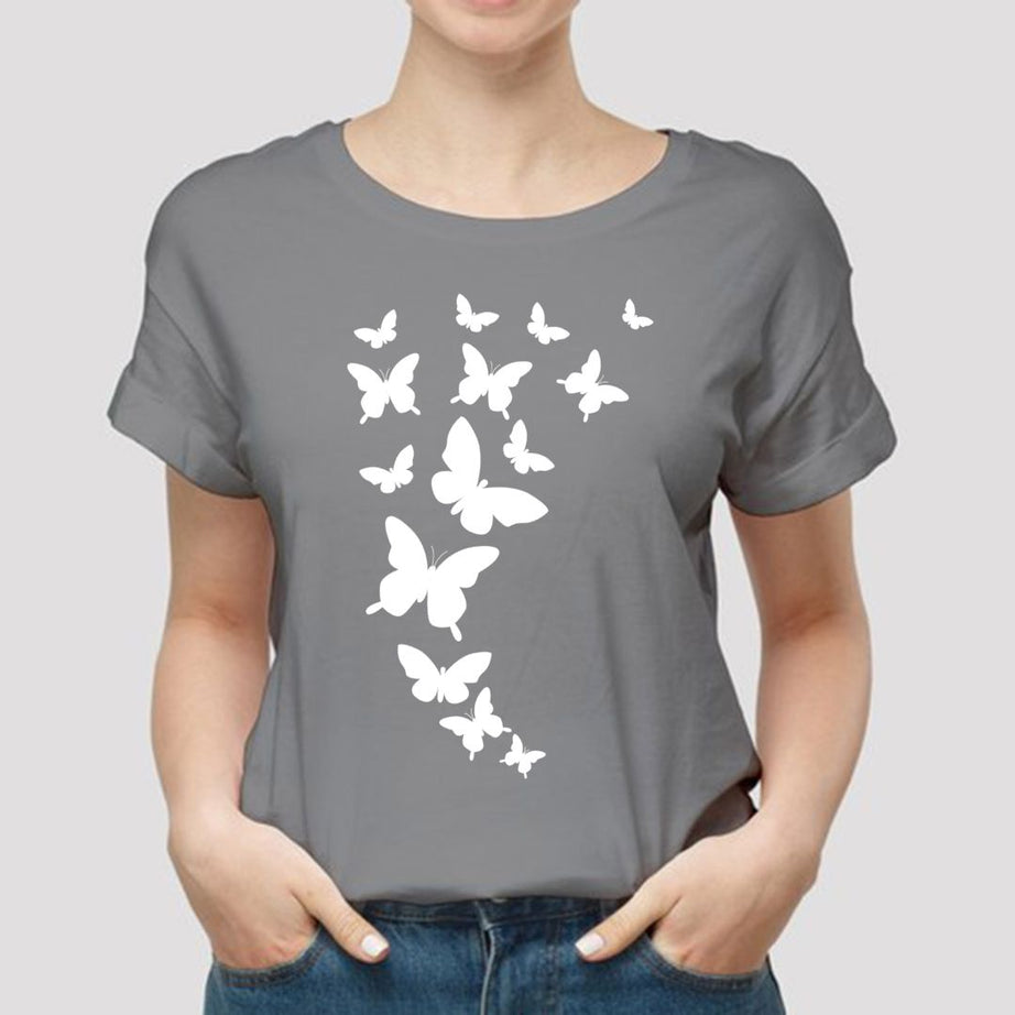 Butterfly Printed Grey T shirts Round Neck For Casual Wear - Oshi.pk - Buy & Sell Online