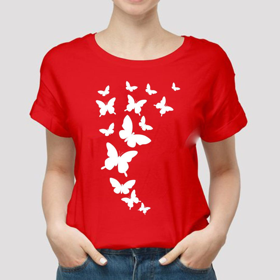 Butterfly Printed Red T shirts Round Neck For Casual Wear - Oshi.pk - Buy & Sell Online