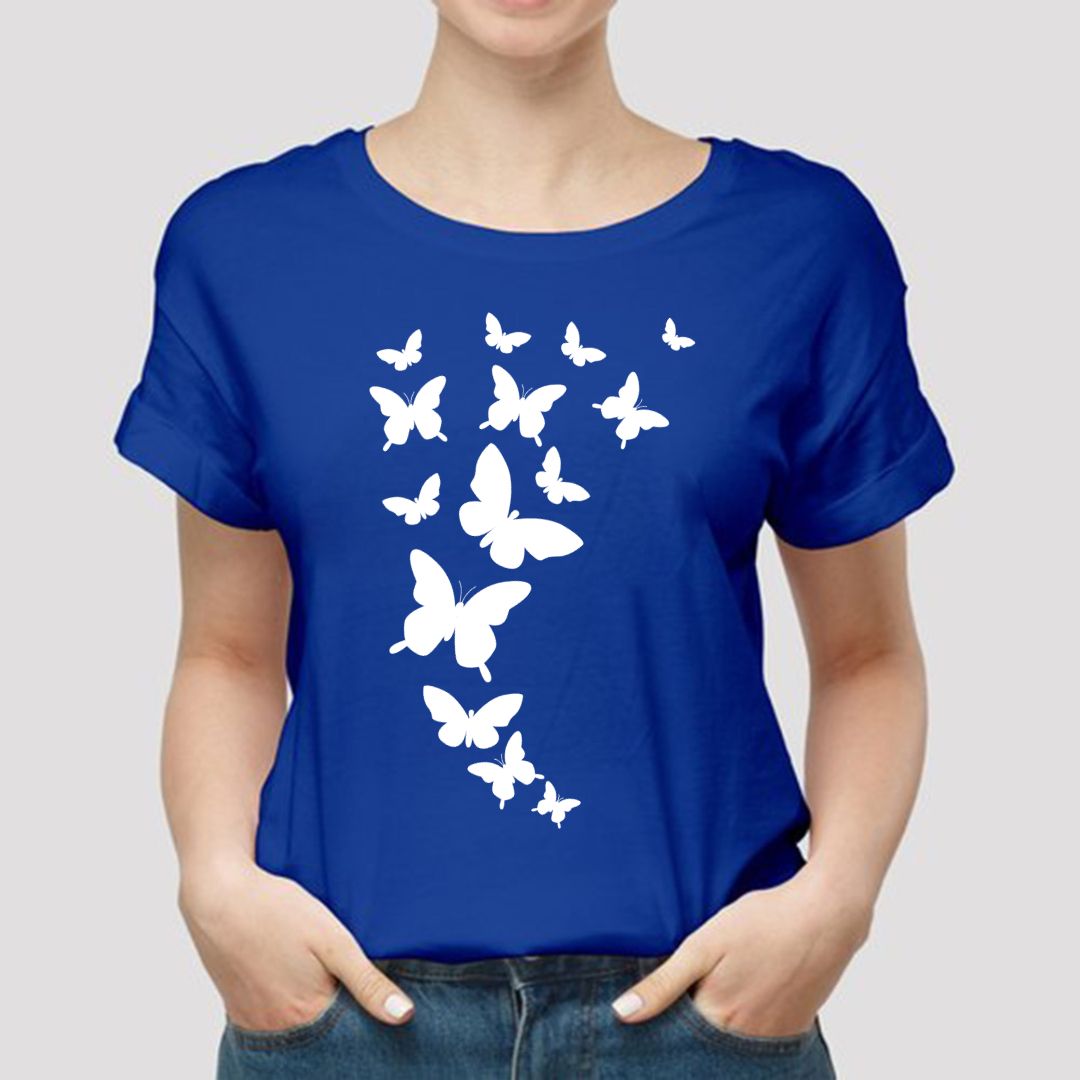 Butterfly Printed Royal Blue T shirts Round Neck For Casual Wear - Oshi.pk - Buy & Sell Online