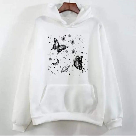 Buttlerfly Printed Pullover White Hoodie for Women