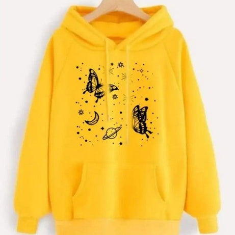 Buttlerfly Printed Pullover Yellow Hoodie for Women