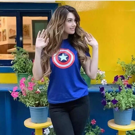 Captain America Printed Round Neck half Sleeves Best Quality For Casual & Night Wear Cotton Blue T Shirt For Ladies Women & Girls - Oshi.pk - Buy & Sell Online