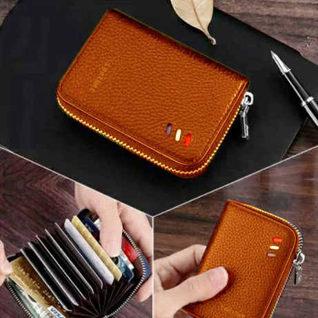 New Men's Leather Card Holder Storage Bags Blocking Zipper Thin Pocket