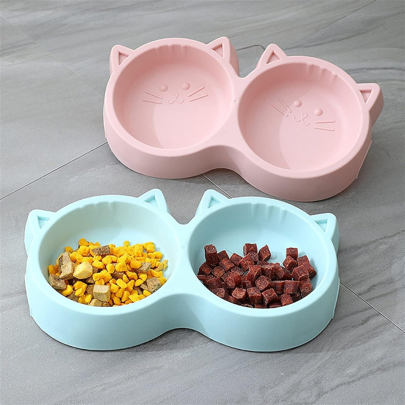 PACK 2 Cat Shaped Double food bowl Pet Plastic food bowl Foodie Puppies Pet Feeding Plastic Cat Face Shaped Double Bowl Food & Water Feed - Oshi.pk - Buy & Sell Online