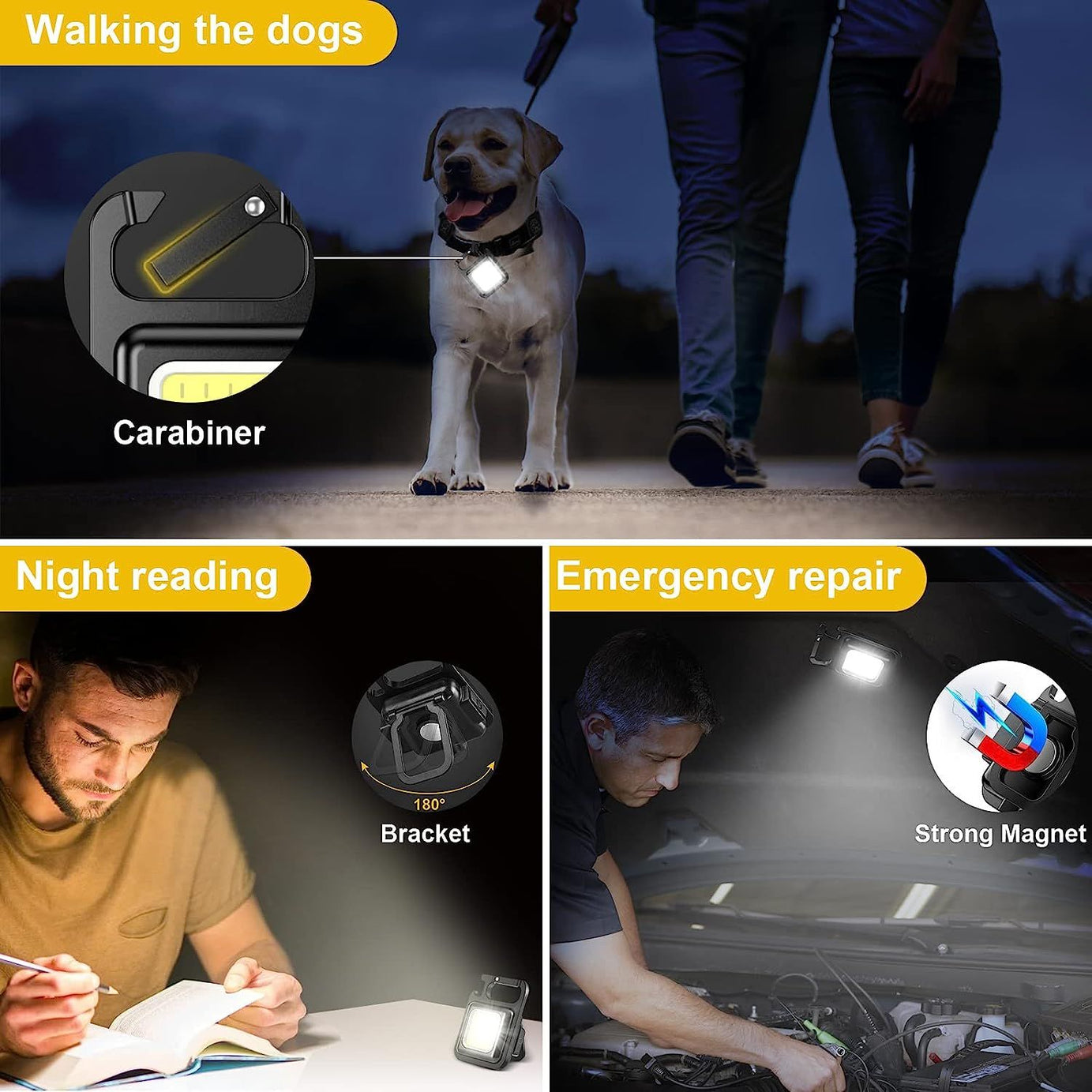 COB Rechargeable Keychain Mini Small Flashlight 3 Light Modes Portable Pocket Light with Folding Bracket Bottle Opener and Magnet Base for Home