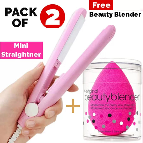 Combo Mini Hair Straightener With Beauty Blender Mini Hair Flat Iron Hair Straightener Travel Size Portable Hair Straightener - Oshi.pk - Buy & Sell Online