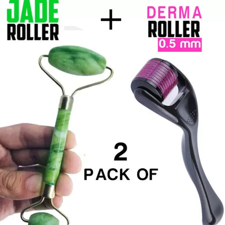 Combo pack of 2 Derma Roller Skin Therapy 0.5 with 540 Micro and Jade Roller Anti-Aging Natural Stone Jade Roller with Noiseless Double Heads for Face - Oshi.pk - Buy & Sell Online