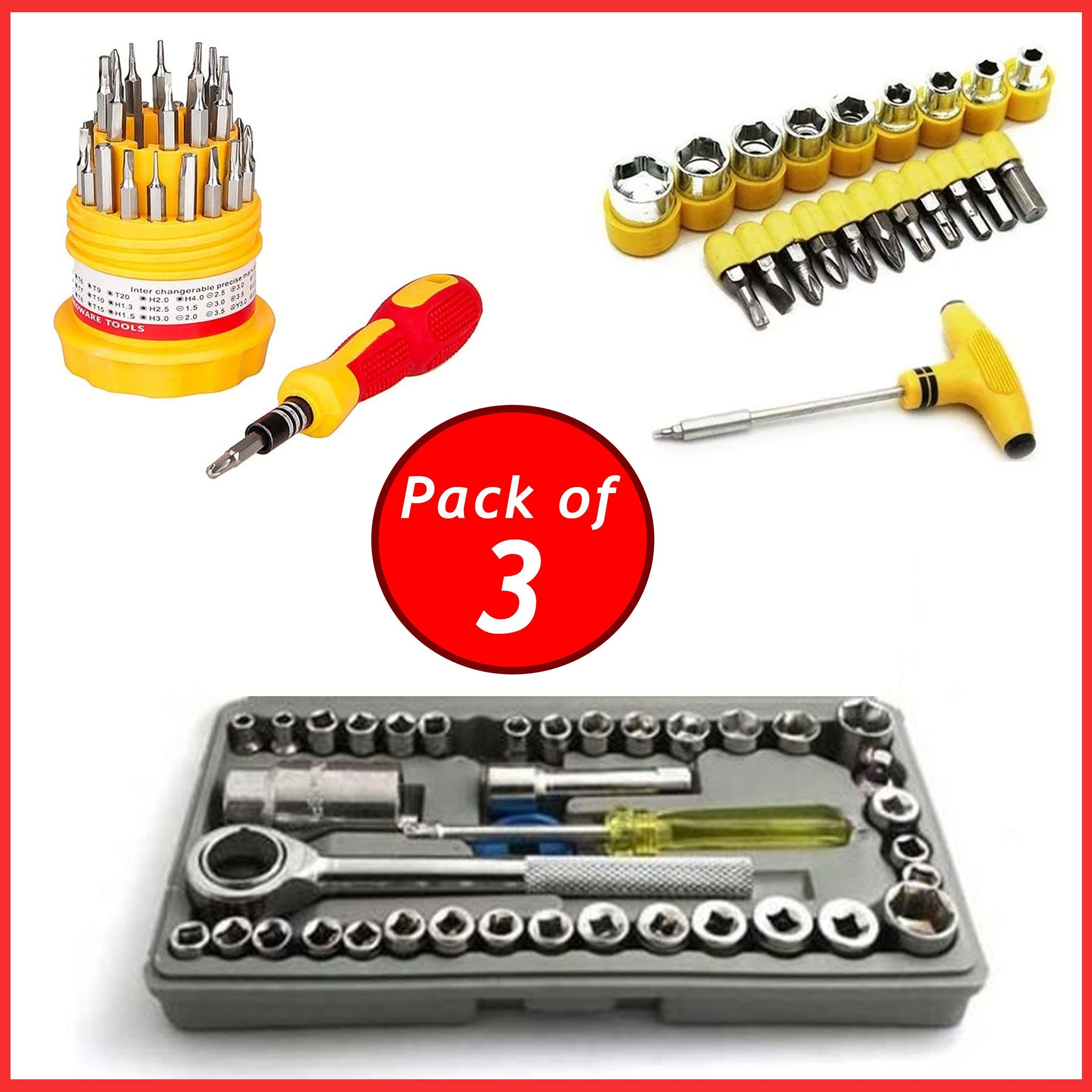 Combo Pack of 3 Get the Ultimate Tool Kit with the Aiwa Tool Set 40 Pcs , 30 in 1 Screwdriver and T Tool Set - Oshi.pk - Buy & Sell Online