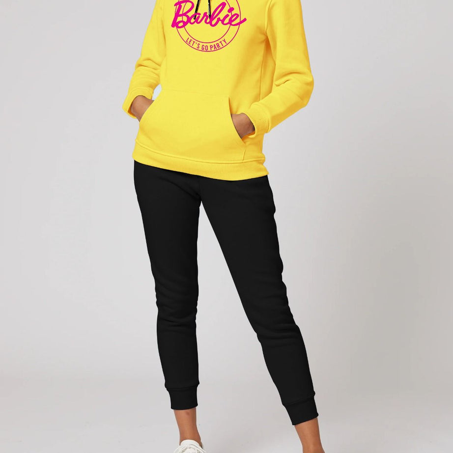 Come On Barbie Let's Go Party Printed Tracksuit With Yellow Hoodie and Trouser For Women