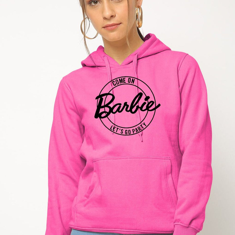 Come On Barbie let`s Go Party Printed Pullover Pink Hoodie