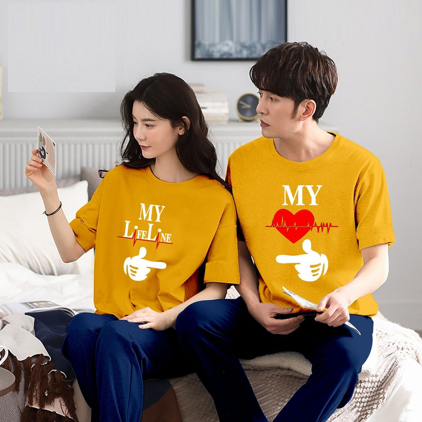 Couple My Life Line Tshirt Pajama Half Sleeves Night Dress By Hk Oufits - Oshi.pk - Buy & Sell Online