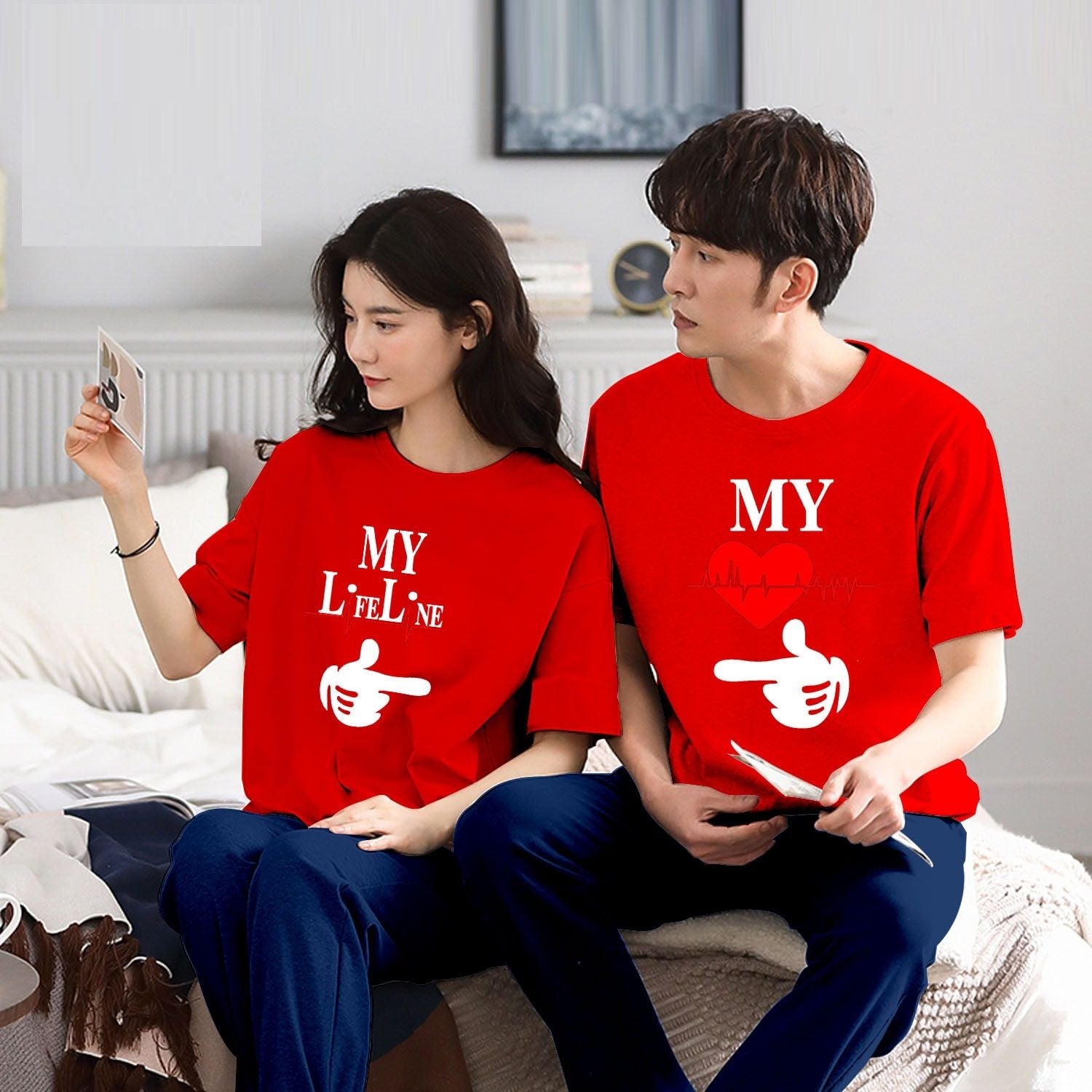 Couple My Life Line Tshirt Pajama Half Sleeves Night Dress By Hk Oufits - Oshi.pk - Buy & Sell Online