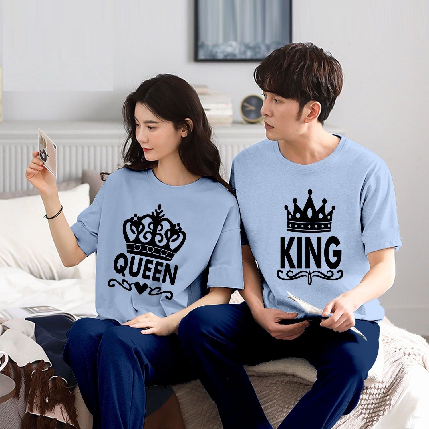 Couple King Queen Tshirt Pajama Half Sleeves Night Dress By Hk Oufits - Oshi.pk - Buy & Sell Online