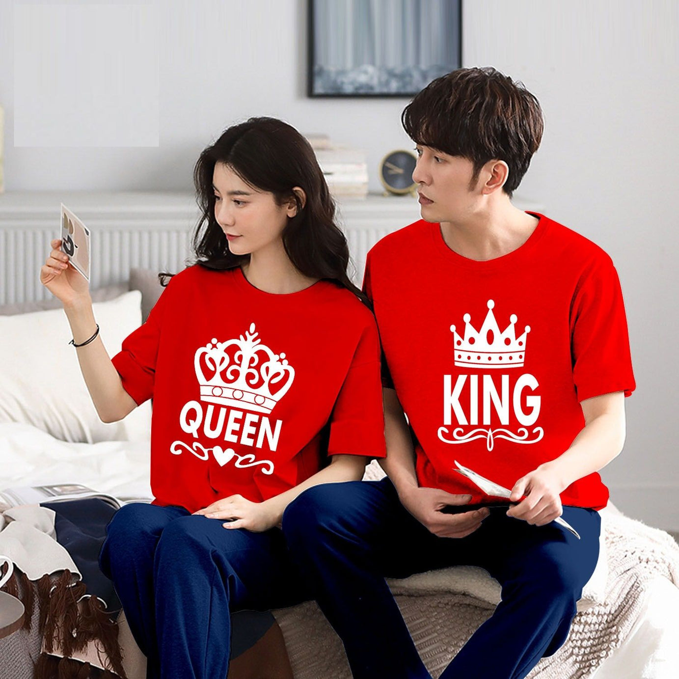 Couple King Queen Tshirt Pajama Half Sleeves Night Dress By Hk Oufits - Oshi.pk - Buy & Sell Online
