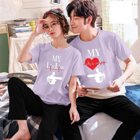 Couple My Life Line Tshirt Pajama Half Sleeves Night Dress By Hk Oufits