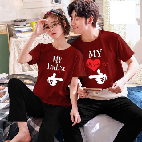 Couple My Life Line Tshirt Pajama Half Sleeves Night Dress By Hk Oufits - Oshi.pk - Buy & Sell Online