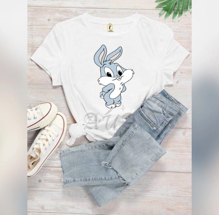 CUTE BUNNY RABBIT CARTOON TAGS Trendy Stylish Theme Tag Round neck White Colored Smart fit T-shirt - Oshi.pk - Buy & Sell Online