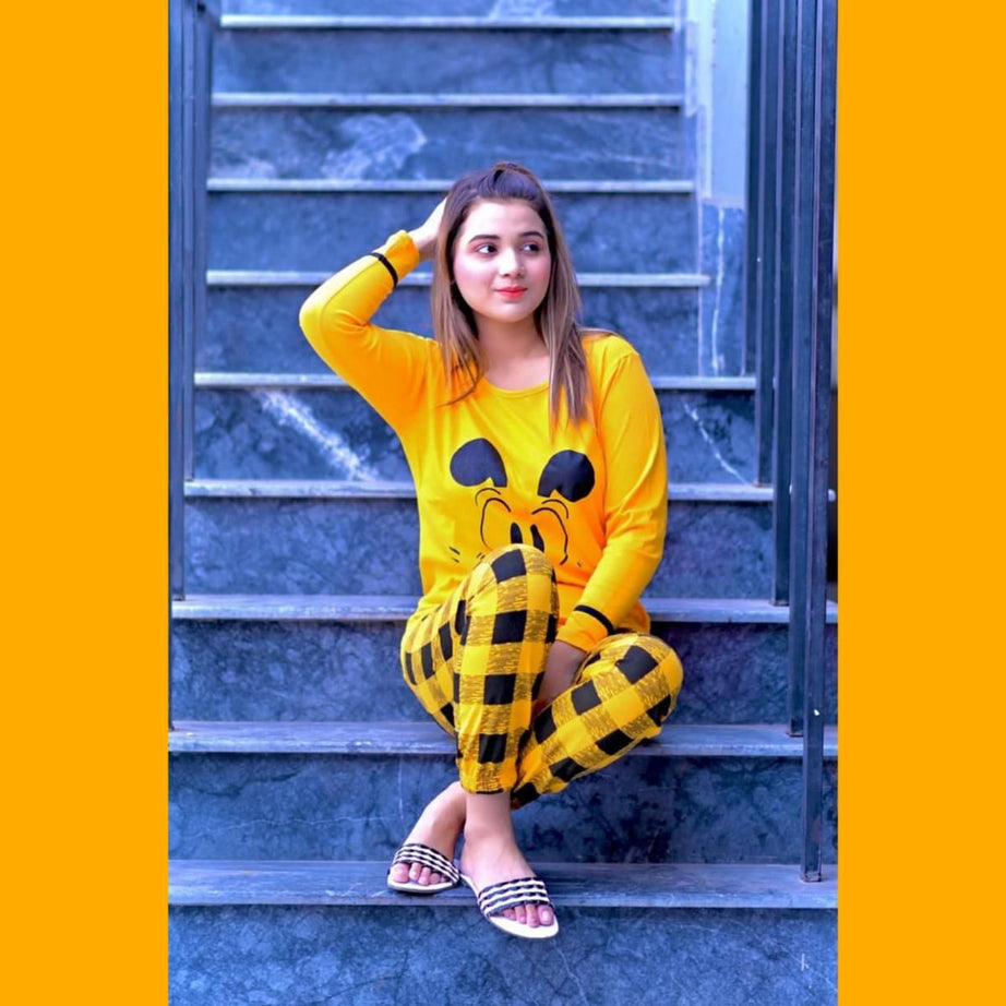 Yellow Mickey Mouse Print Full Sleeves Night Suit for Her Hk Outfits