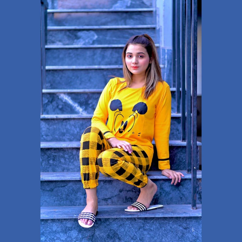 Yellow Mickey Mouse Print Full Sleeves Night Suit for Her Hk Outfits - Oshi.pk - Buy & Sell Online