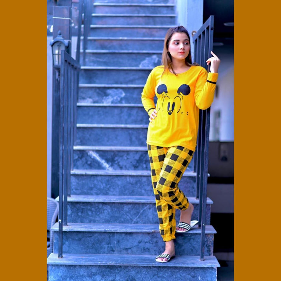 Yellow Mickey Mouse Print Full Sleeves Night Suit for Her Hk Outfits - Oshi.pk - Buy & Sell Online