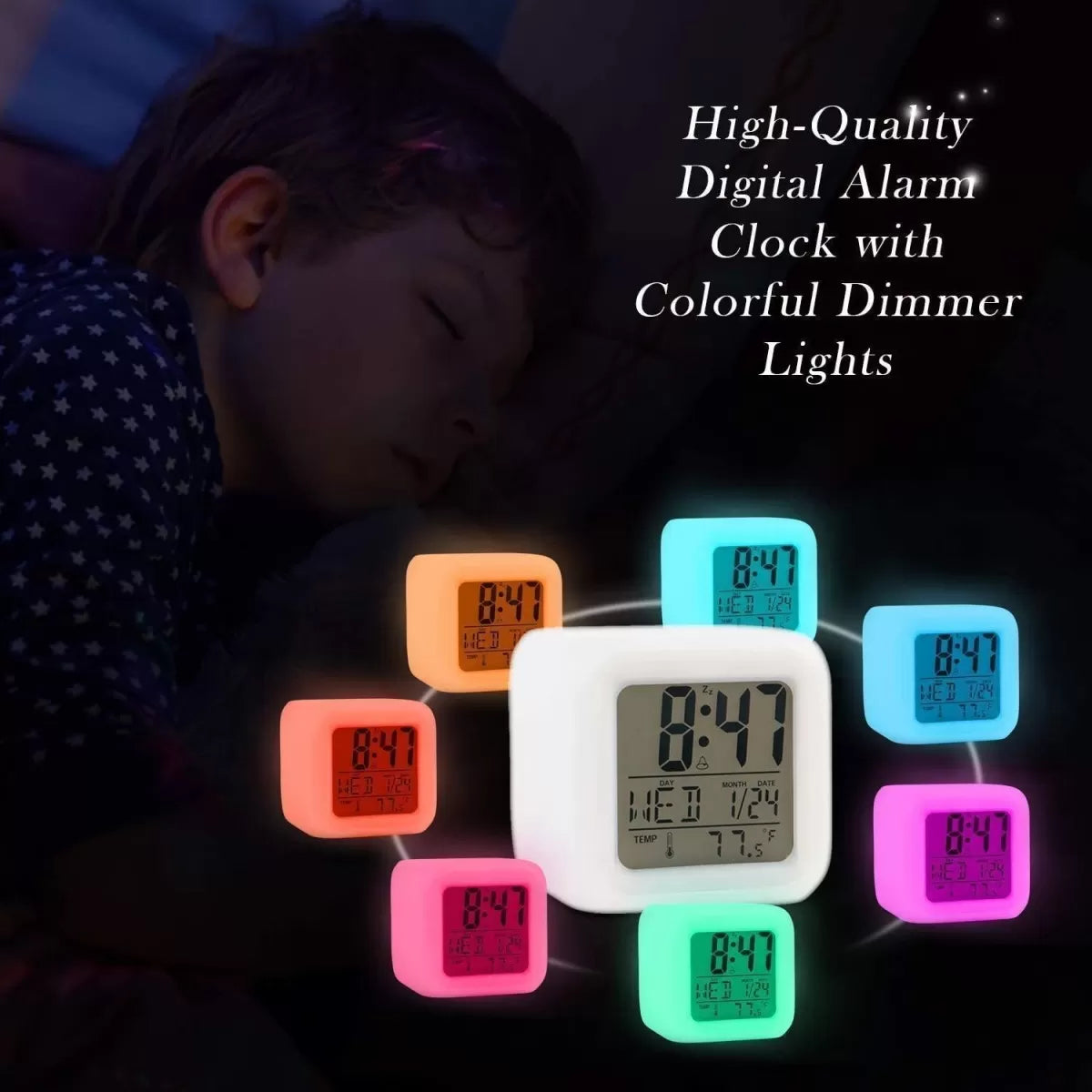Digital Table Clock 7 Color Changing Led Lights Big Size Digital Screen Temperature & Calendar Battery Operated Glowing Led Table Alarm Clock Dice - Oshi.pk - Buy & Sell Online